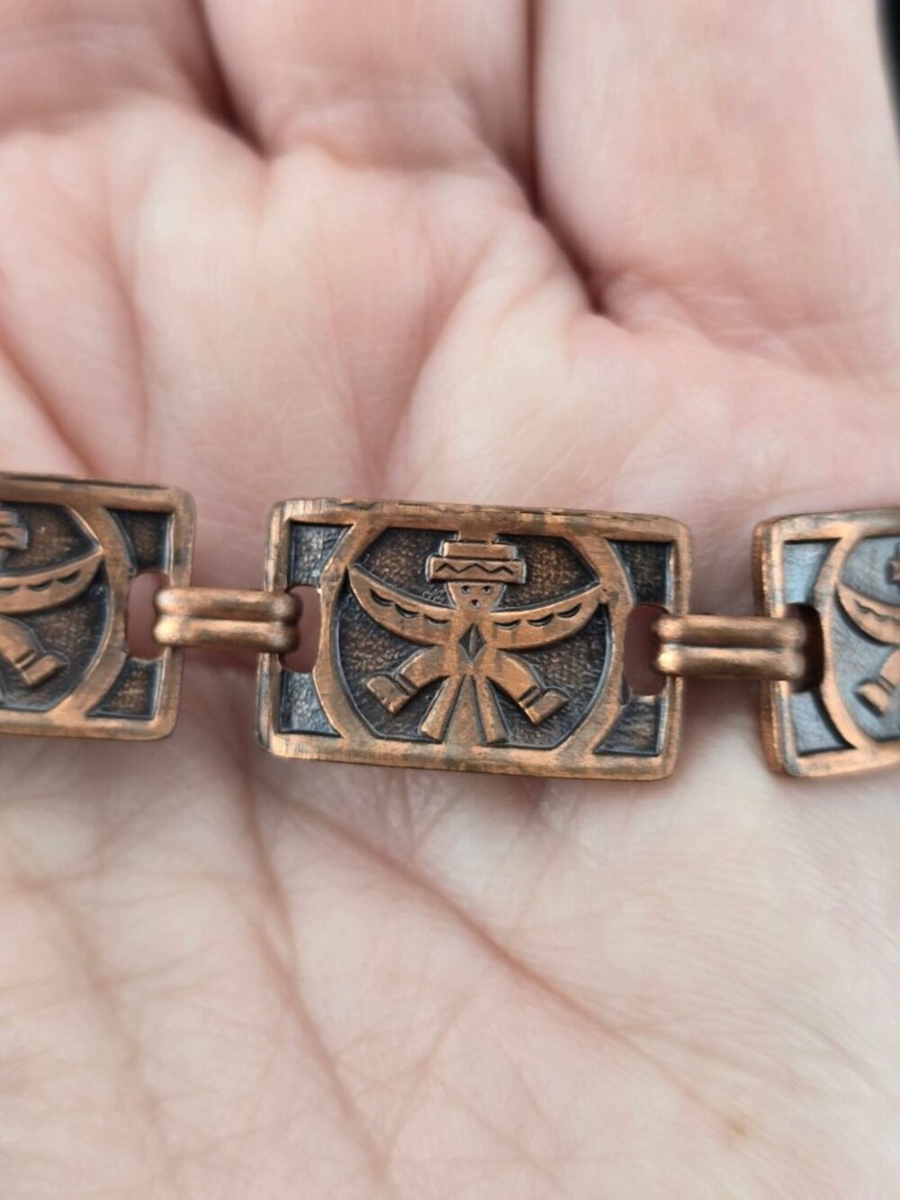 Vintage Copper Link Bracelet Kachina- Size 7.75" Rustic Tribal Panel - Picture 2 of 6
